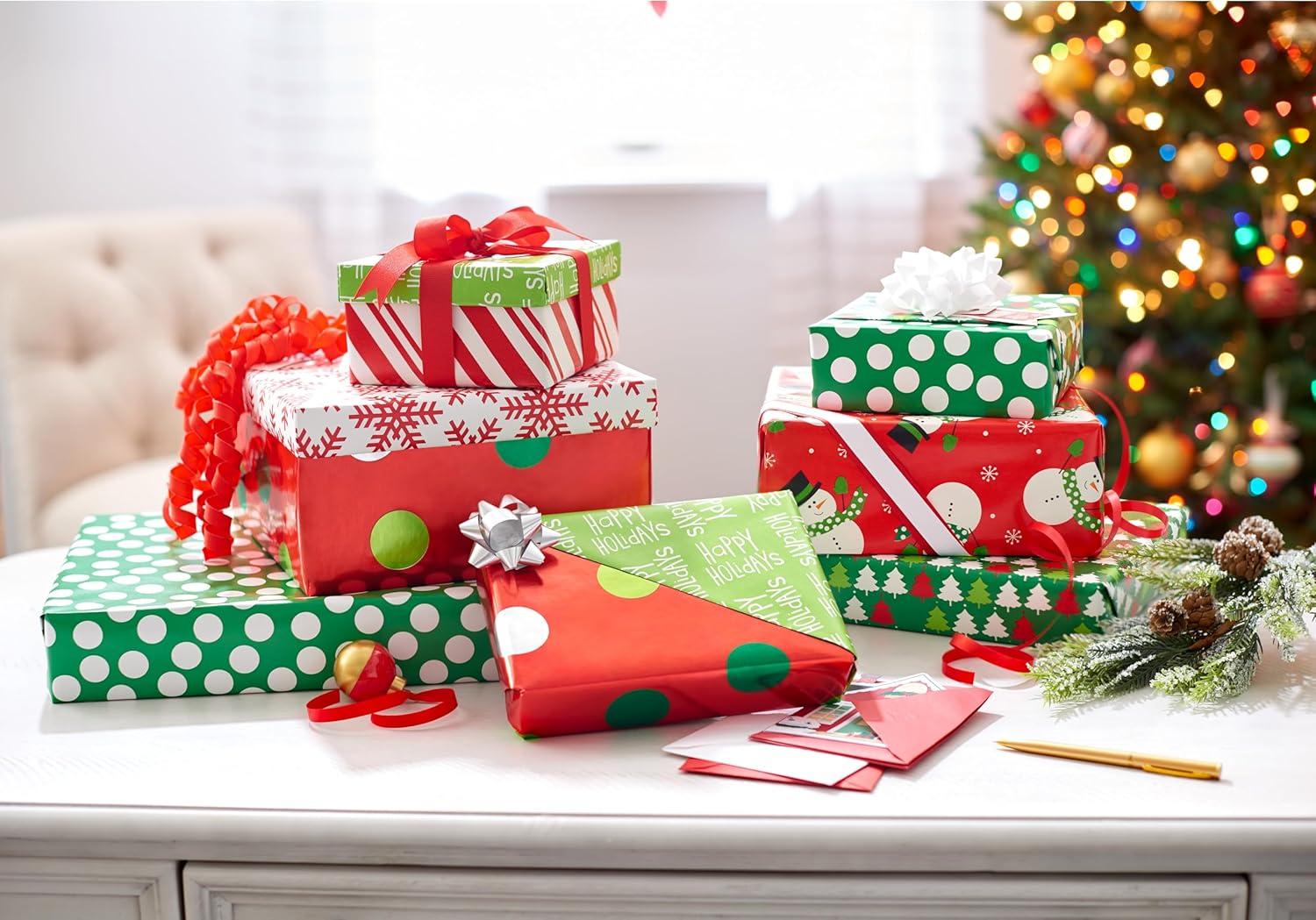 imageAmerican Greetings Reversible Kids Christmas Wrapping Paper Rolls Santa Snowmen Candy Canes Red and Green Holiday Gift Wrap 120 sq ft 3 Wide Rolls30 in x 12 ft Stripes Dots SnowflakesVariety Set