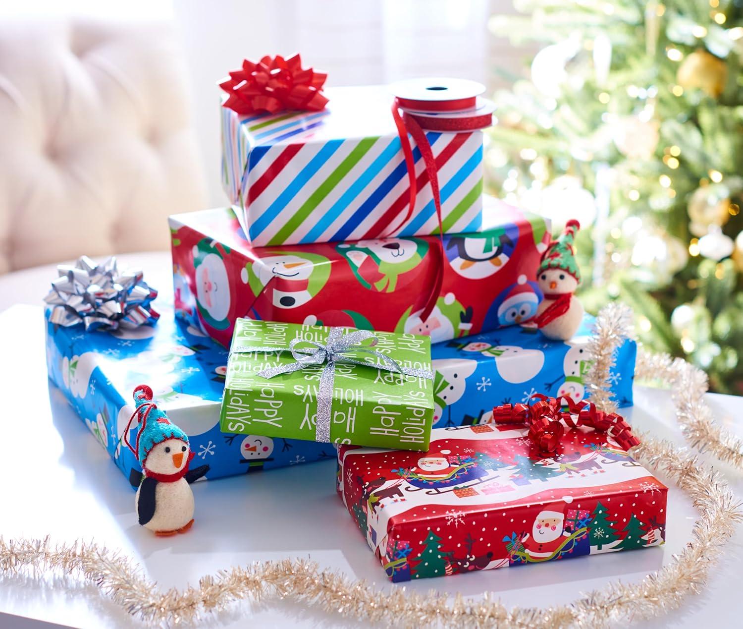 imageAmerican Greetings Reversible Kids Christmas Wrapping Paper Rolls Santa Snowmen Candy Canes Red and Green Holiday Gift Wrap 120 sq ft 3 Wide Rolls30 in x 12 ft Stripes Dots SnowflakesVariety Set