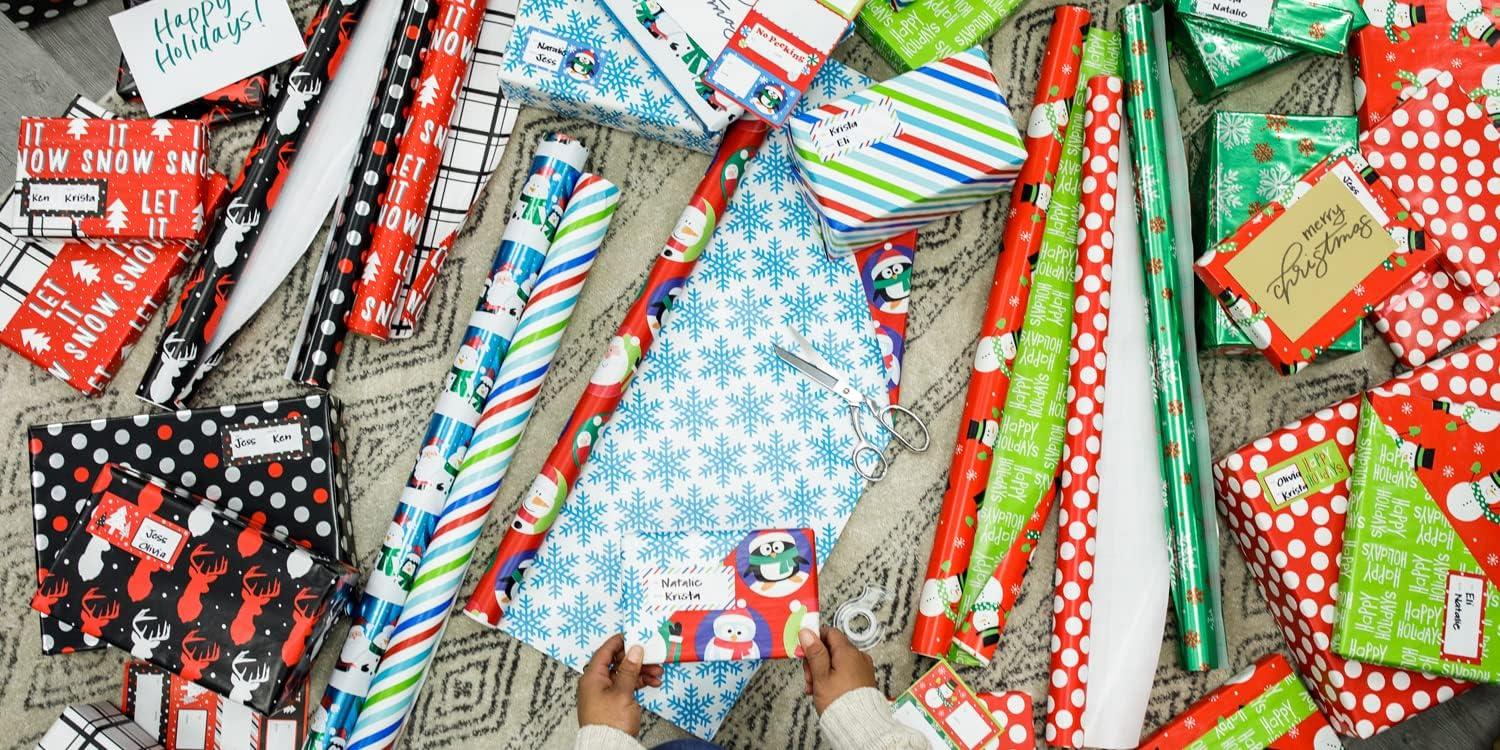 imageAmerican Greetings Reversible Kids Christmas Wrapping Paper Rolls Santa Snowmen Candy Canes Red and Green Holiday Gift Wrap 120 sq ft 3 Wide Rolls30 in x 12 ft Stripes Dots SnowflakesVariety Set