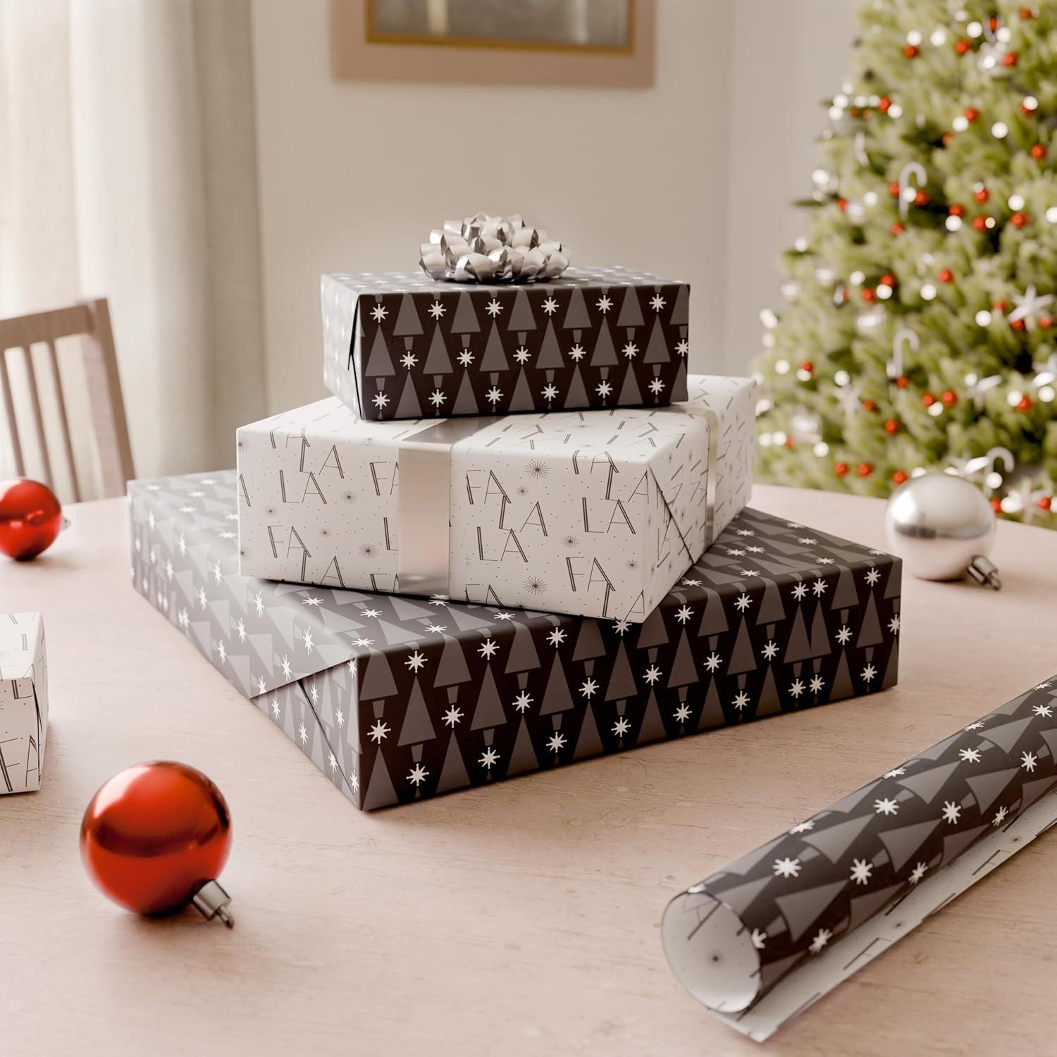 imageAmerican Greetings Reversible Modern Black Christmas Wrapping Paper Roll White Silver and Black Holiday Gift Wrap 60 sq ft 1 Standard Roll Wrap30 in x 24 ft Fa La La and TreesModern Black and Silver