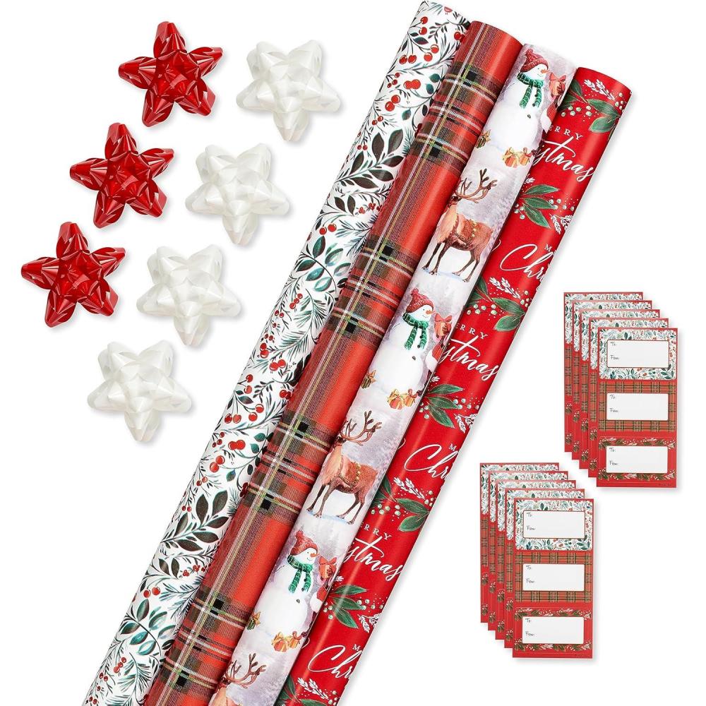 imageAmerican Greetings Christmas Wrapping Paper Set Red and Tan Brown Holiday Gift Wrap 120 sq ft 4 rolls30 in x 12 ft 7 Adhesive Bows 30 Gift Tag Stickers Plaid Stripes and SnowmenRed White Green