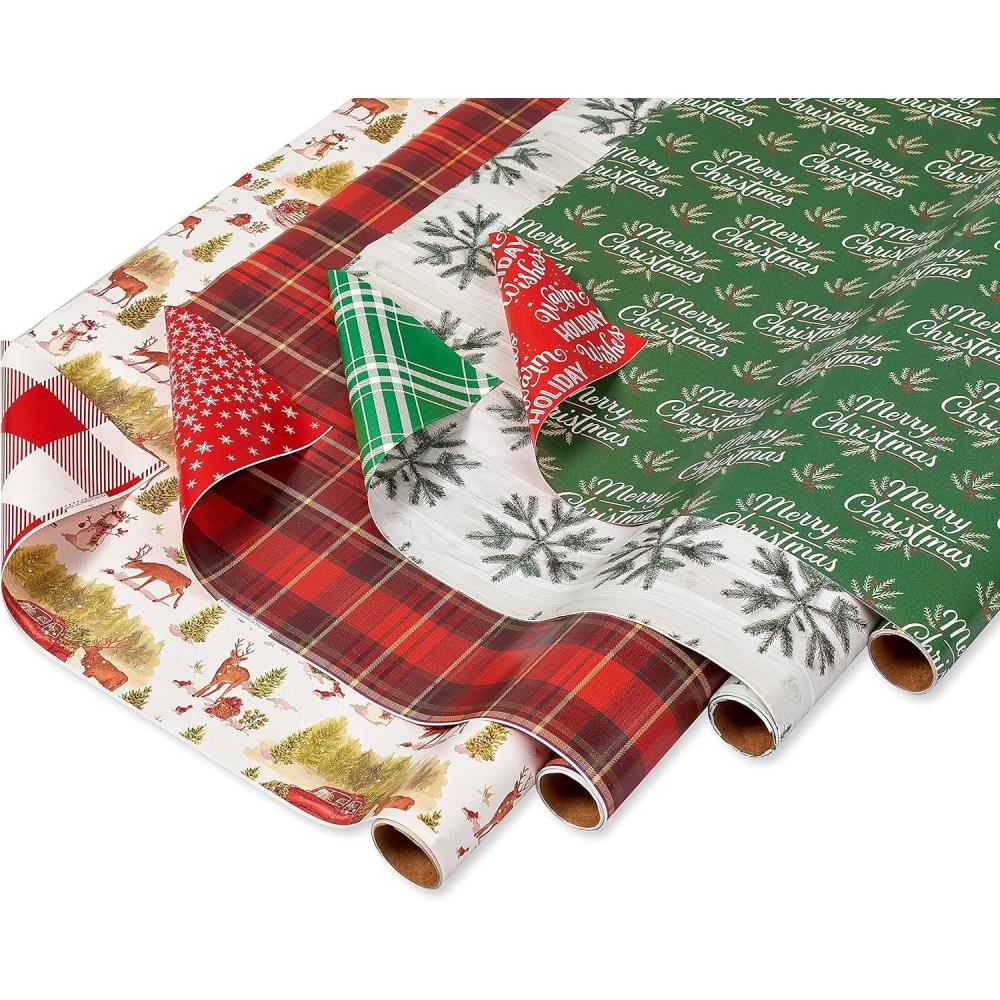 imageAmerican Greetings Christmas Wrapping Paper Set Red and Tan Brown Holiday Gift Wrap 120 sq ft 4 rolls30 in x 12 ft 7 Adhesive Bows 30 Gift Tag Stickers Plaid Stripes and SnowmenRustic Designs