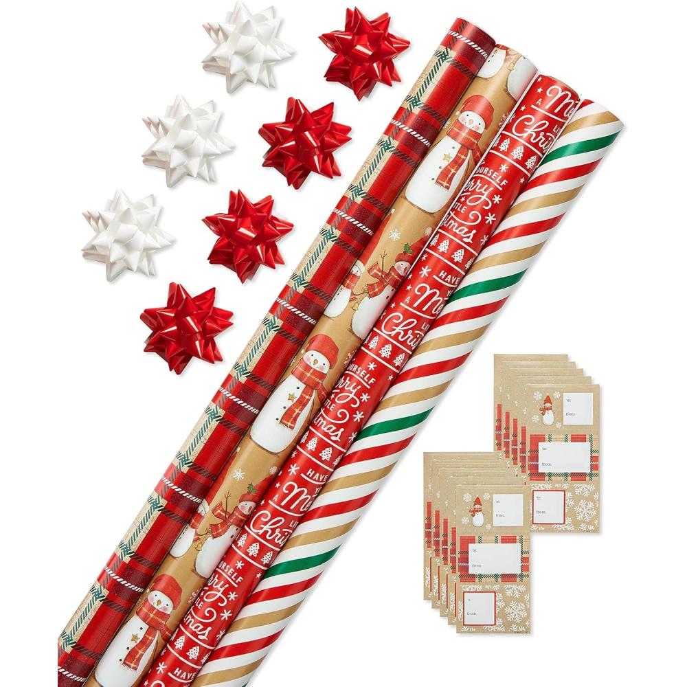 imageAmerican Greetings Christmas Wrapping Paper Set Red and Tan Brown Holiday Gift Wrap 120 sq ft 4 rolls30 in x 12 ft 7 Adhesive Bows 30 Gift Tag Stickers Plaid Stripes and SnowmenBrown  Red  White  Green