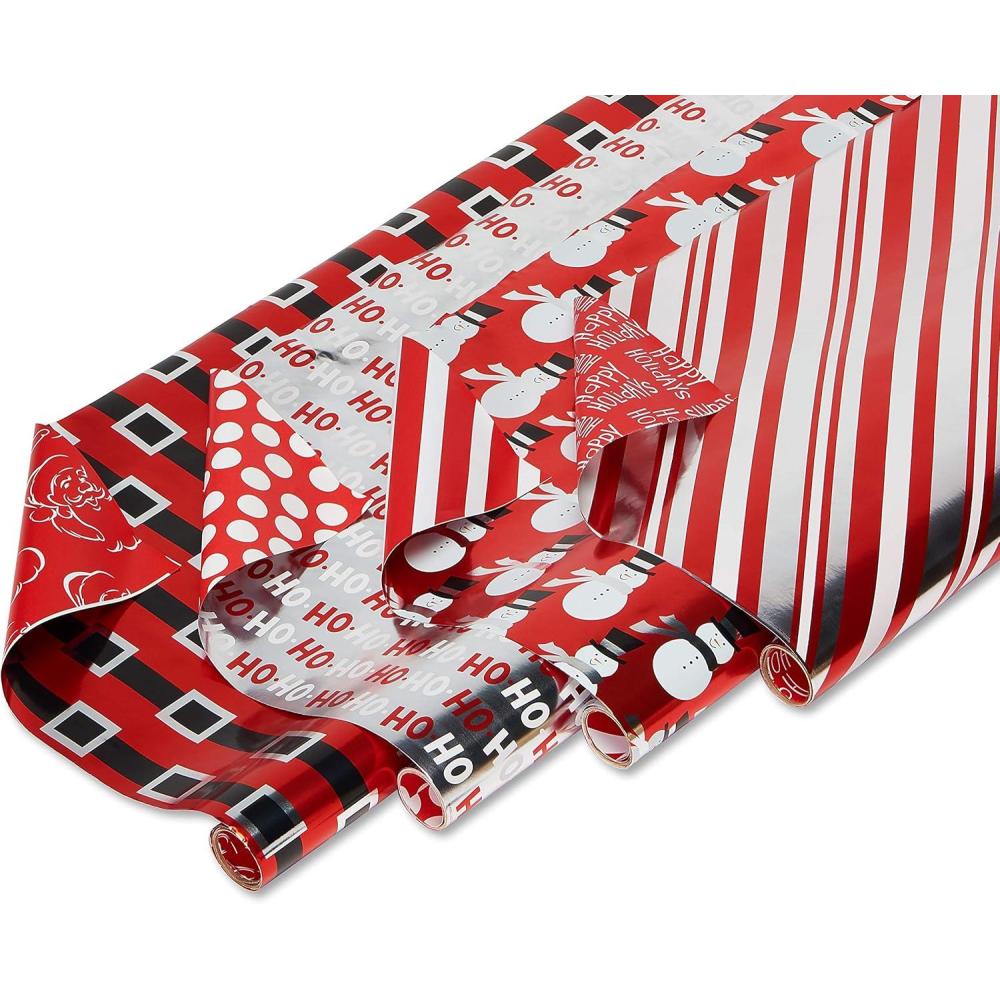 imageAmerican Greetings Cute Reversible Christmas Wrapping Paper Rolls White and Red Holiday Gift Wrap 120 sq ft 4 Rolls30 in x 12 ft Plaid Candy Canes Trees SnowmenRed  Black  and Silver