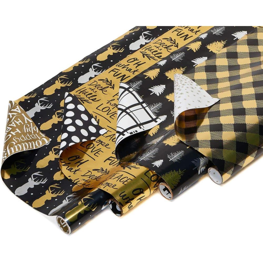 imageAmerican Greetings Foil Pink Christmas Wrapping Paper Rolls Metallic Gold and Pink Holiday Gift Wrap 80 sq ft 4 Rolls30 in x 8 ft Reversible Snowflakes Trees Joy PeaceBlack and Gold