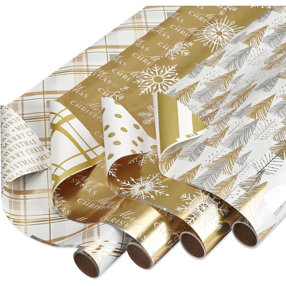 imageAmerican Greetings Foil Pink Christmas Wrapping Paper Rolls Metallic Gold and Pink Holiday Gift Wrap 80 sq ft 4 Rolls30 in x 8 ft Reversible Snowflakes Trees Joy PeaceSnowflakes