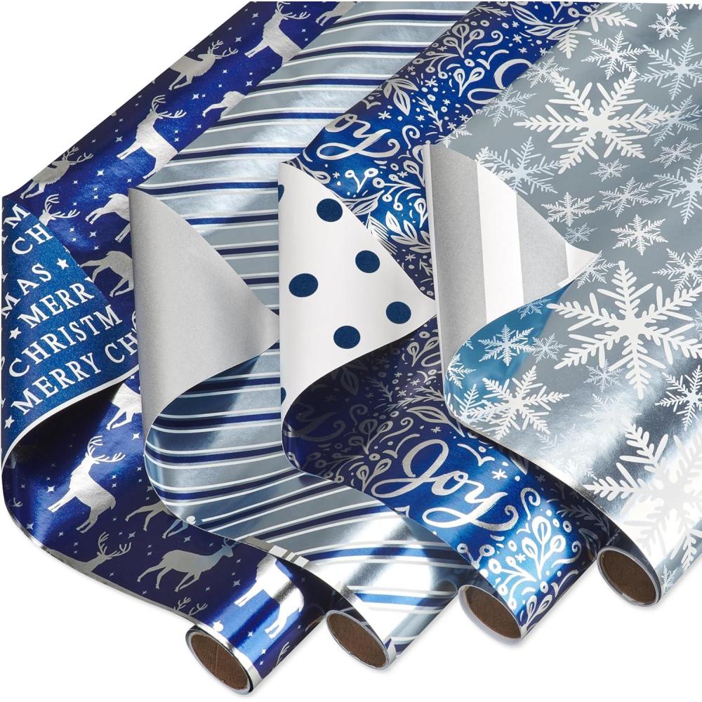 imageAmerican Greetings Foil Pink Christmas Wrapping Paper Rolls Metallic Gold and Pink Holiday Gift Wrap 80 sq ft 4 Rolls30 in x 8 ft Reversible Snowflakes Trees Joy PeaceBlue and White Stripes