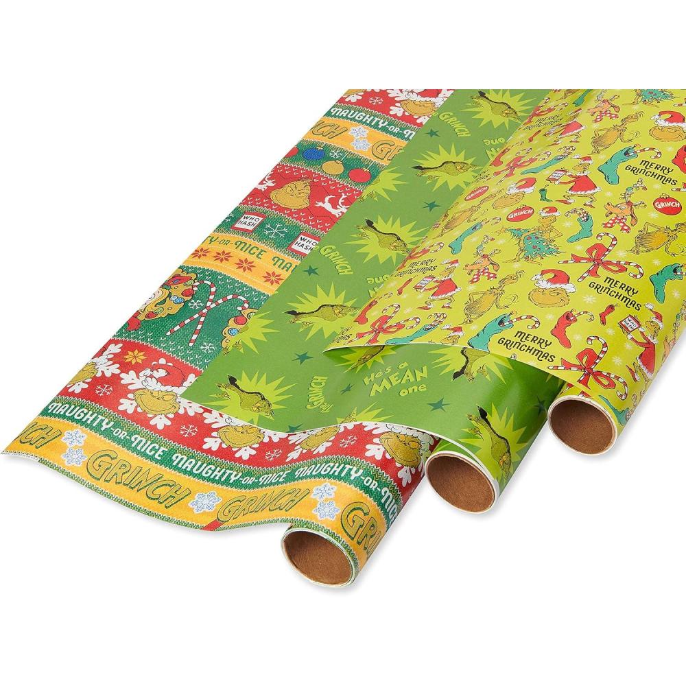 imageAmerican Greetings Grinch Christmas Wrapping Paper Rolls Green and Red Holiday Gift Wrap 105 sq ft 3 Rolls30 in x 14 ft Cut Lines Cindy Lou Who Max Grinch Christmas Tree
