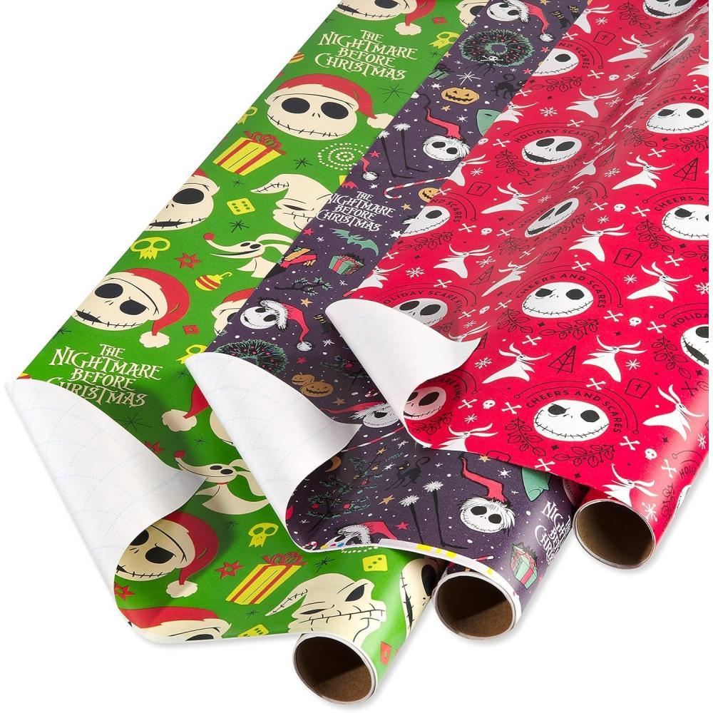 imageAmerican Greetings Nightmare Before Christmas Christmas Wrapping Paper Rolls Black and Red Holiday Gift Wrap 105 sq ft 3 Rolls30 in x 14 ft Cut Lines Jack Skellington Oogie Boogie CosmoJack Skellington and Zero