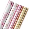 American Greetings Foil Pink Christmas Wrapping Paper Rolls, Metallic Gold and Pink Holiday Gift Wrap (80 sq. ft., 4 Rolls-30 in. x 8 ft., Reversible) Snowflakes, Trees, Joy, Peace(Stars)