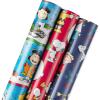 American Greetings Peanuts Christmas Wrapping Paper Rolls, Red and Blue Holiday Gift Wrap (105 sq. ft., 3 Rolls-30 in. x 14 ft., Cut Lines) Charlie Brown, Snoopy, Woodstock, Lucy(Peanuts Characters)