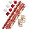 American Greetings Christmas Wrapping Paper Set, Red and Tan Brown Holiday Gift Wrap (120 sq. ft., 4 rolls-30 in. x 12 ft., 7 Adhesive Bows, 30 Gift Tag Stickers) Plaid, Stripes, and Snowmen(Brown  Red  White  Green)