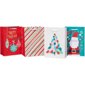 American Greetings 10″ Medium Christmas Gift Bags, Red, White, Green and Black Winter Designs (4 Bags)(MED XMAS BAG BUNDLE RED GRN 4CT)