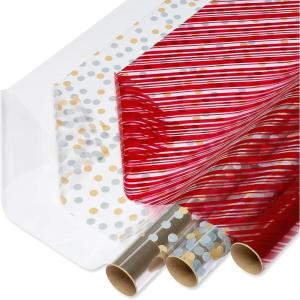 American Greetings Christmas Cellophane Wrap Rolls for Cookie Trays, Gift Baskets, or Presents, Plastic Gift Wrap Film (75 sq. ft., 3 Rolls-30 in. x 10 ft.) Clear, Red Stripes, Silver Gold Polka Dots