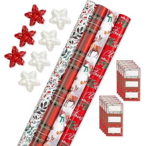 American Greetings Christmas Wrapping Paper Set, Red and Tan Brown Holiday Gift Wrap (120 sq. ft., 4 rolls-30 in. x 12 ft., 7 Adhesive Bows, 30 Gift Tag Stickers) Plaid, Stripes, and Snowmen(Red  White  Green)