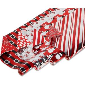 American Greetings Cute Reversible Christmas Wrapping Paper Rolls, White and Red Holiday Gift Wrap (120 sq. ft., 4 Rolls-30 in. x 12 ft.) Plaid, Candy Canes, Trees, Snowmen(Red  Black  and Silver)
