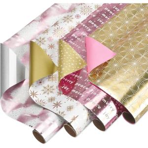 American Greetings Foil Pink Christmas Wrapping Paper Rolls, Metallic Gold and Pink Holiday Gift Wrap (80 sq. ft., 4 Rolls-30 in. x 8 ft., Reversible) Snowflakes, Trees, Joy, Peace(Stars)