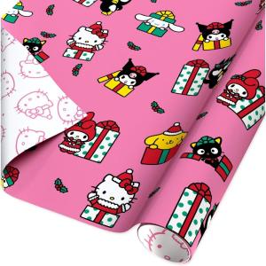 American Greetings Hello Kitty Christmas Wrapping Paper Roll for Kids, Pink Holiday Gift Wrap (40 sq. ft., 1 Reversible Roll) Kuromi, My Melody, Cinnamoroll, Purin, Chococat