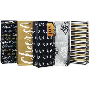 American Greetings Multi Design Wine Gift Bags, Red, White and Silver (5 Bags)(BEV SAP BAGBNDLE BLKGLDSLV 5CT)