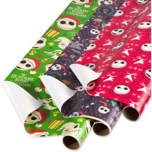 American Greetings Nightmare Before Christmas Christmas Wrapping Paper Rolls, Black and Red Holiday Gift Wrap (105 sq. ft., 3 Rolls-30 in. x 14 ft., Cut Lines) Jack Skellington, Oogie Boogie, Cosmo(Jack Skellington and Zero)