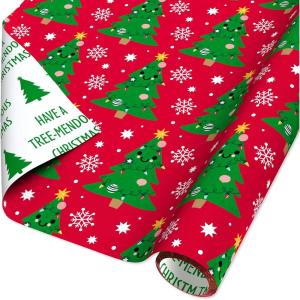 American Greetings Punny Christmas Wrapping Paper Roll, Cute Holiday Gift Wrap (60 sq. ft., 1 Reversible Roll) Smiley Christmas Trees, “Have a Tree-mendous Day”(Smiley Christmas Trees)