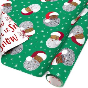 American Greetings Reversible African American Santa Christmas Wrapping Paper Roll, Red, White and Green Holiday Gift Wrap (60 sq. ft., 1 Standard Roll Wrap-30 in. x 24 ft.) Stripes and Solid Green