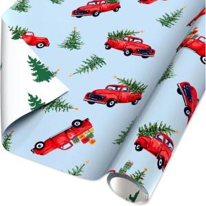 American Greetings Reversible Christmas Wrapping Paper Roll with Little Red Truck Hauling a Christmas Tree, Light Blue and White Holiday Gift Wrap (60 sq. ft., 1 Standard Roll Wrap-30 in. x 24 ft.)(Little Red Truck)