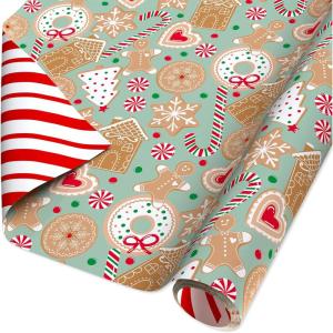 American Greetings Reversible Christmas Wrapping Paper Roll with Little Red Truck Hauling a Christmas Tree, Light Blue and White Holiday Gift Wrap (60 sq. ft., 1 Standard Roll Wrap-30 in. x 24 ft.)(SR30 60SQ PR FSC XM GNGERBREAD)