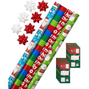 American Greetings Reversible Kids Christmas Wrapping Paper Rolls, Santa, Snowmen, Candy Canes, Red and Green Holiday Gift Wrap (120 sq. ft., 3 Wide Rolls-30 in. x 12 ft.) Stripes, Dots, Snowflakes(Santa  Snowmen  and Stripes)