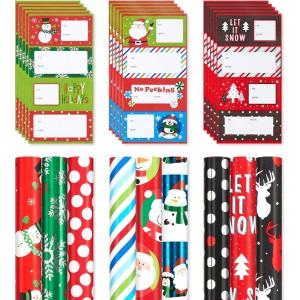American Greetings Reversible Kids Christmas Wrapping Paper Rolls, Santa, Snowmen, Candy Canes, Red and Green Holiday Gift Wrap (120 sq. ft., 3 Wide Rolls-30 in. x 12 ft.) Stripes, Dots, Snowflakes(Variety Set)