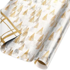 American Greetings Reversible Modern Black Christmas Wrapping Paper Roll, White, Silver, and Black Holiday Gift Wrap (60 sq. ft., 1 Standard Roll Wrap-30 in. x 24 ft.) Fa La La and Trees(Shiny Gold and White)