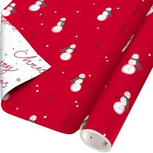 American Greetings Reversible Modern Black Christmas Wrapping Paper Roll, White, Silver, and Black Holiday Gift Wrap (60 sq. ft., 1 Standard Roll Wrap-30 in. x 24 ft.) Fa La La and Trees(Dainty Snowmen and Script)