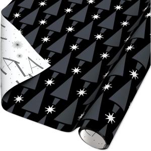 American Greetings Reversible Modern Black Christmas Wrapping Paper Roll, White, Silver, and Black Holiday Gift Wrap (60 sq. ft., 1 Standard Roll Wrap-30 in. x 24 ft.) Fa La La and Trees(Modern Black and Silver)