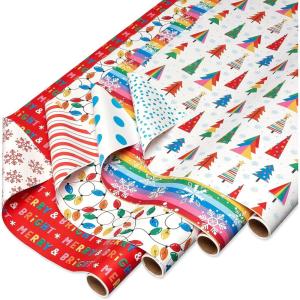 American Greetings Reversible Rainbow Christmas Wrapping Paper Roll, Colorful Holiday Gift Wrap (60 sq. ft., 1 Standard Roll Wrap-30 in. x 24 ft.) Rainbow Stripes, Snowflakes, and Dots(Rainbow String Lights)