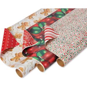 American Greetings Vintage Christmas Reversible Wrapping Paper Rolls, Traditional Holiday Gift Wrap (120 sq. ft., 3 Wide Rolls-40 in. x 12 ft.) Gingerbread Cookies, Glass Ornaments, Peppermints(Gingerbread  Ornaments and Peppermints)