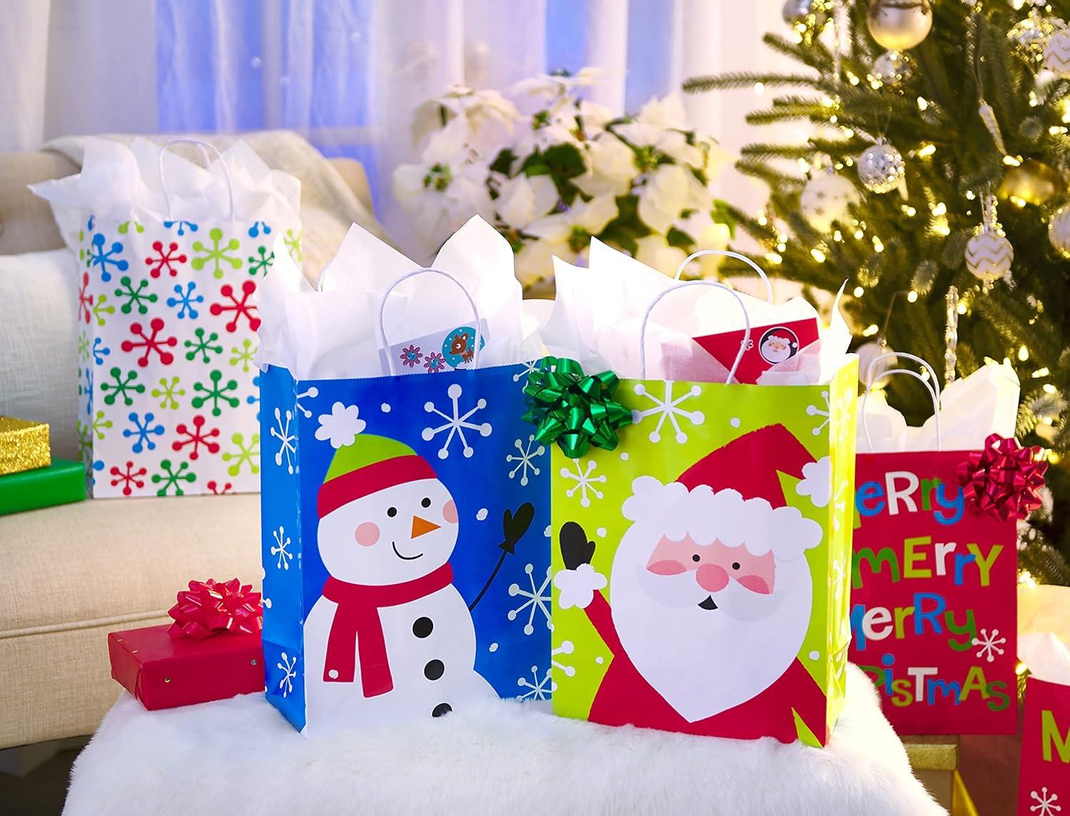 imageAmerican Greetings 13 Large Christmas Gift Bags Santa Snowman Snowflakes and Merry Christmas 12 BagsSanta Snowman Snowflakes and Merry Christmas