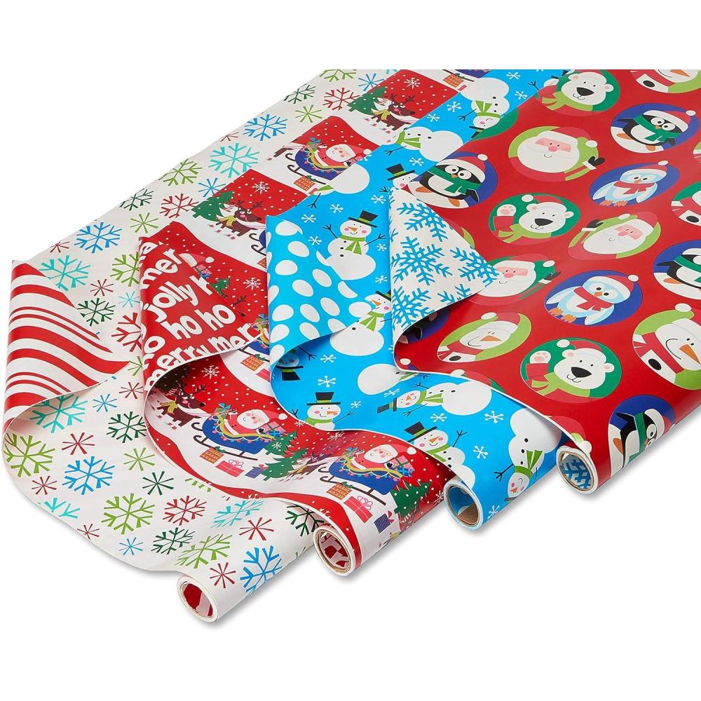 imageAmerican Greetings Reversible Kids Christmas Wrapping Paper Rolls Red Blue Green Holiday Gift Wrap 120 sq ft 3 Wide Rolls40 in x 12 ft Penguins Snowmen Merry Christmas Ho Ho HoSanta  Snowflakes and Snowmen