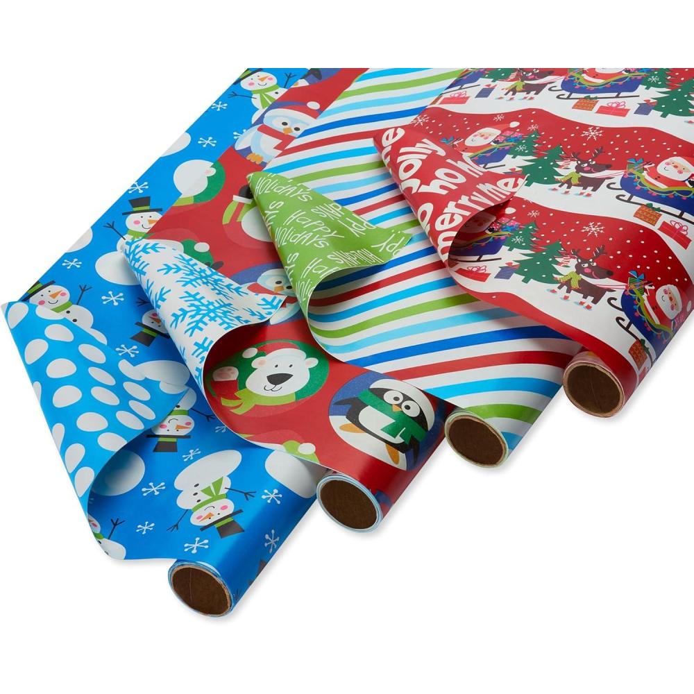 imageAmerican Greetings Reversible Kids Christmas Wrapping Paper Rolls Red Blue Green Holiday Gift Wrap 120 sq ft 3 Wide Rolls40 in x 12 ft Penguins Snowmen Merry Christmas Ho Ho HoWM 4R30 160SQ PR XMAS JUVENILE