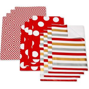 American Greetings Christmas Wrapping Paper Sheets, Elves, Stripes and Christmas Lettering (12 Sheets, 30 in. x 20 in.)(Red and White Patterns)