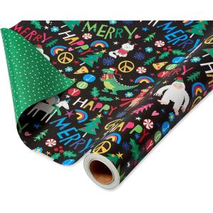 American Greetings Reversible Kids Christmas Wrapping Paper Rolls, Red, Blue, Green Holiday Gift Wrap (120 sq. ft., 3 Wide Rolls-40 in. x 12 ft.) Penguins, Snowmen, Merry Christmas, Ho Ho Ho(Dinosaurs  Yetis and Unicorns)