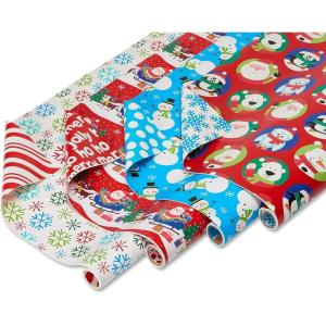 American Greetings Reversible Kids Christmas Wrapping Paper Rolls, Red, Blue, Green Holiday Gift Wrap (120 sq. ft., 3 Wide Rolls-40 in. x 12 ft.) Penguins, Snowmen, Merry Christmas, Ho Ho Ho(Santa  Snowflakes and Snowmen)