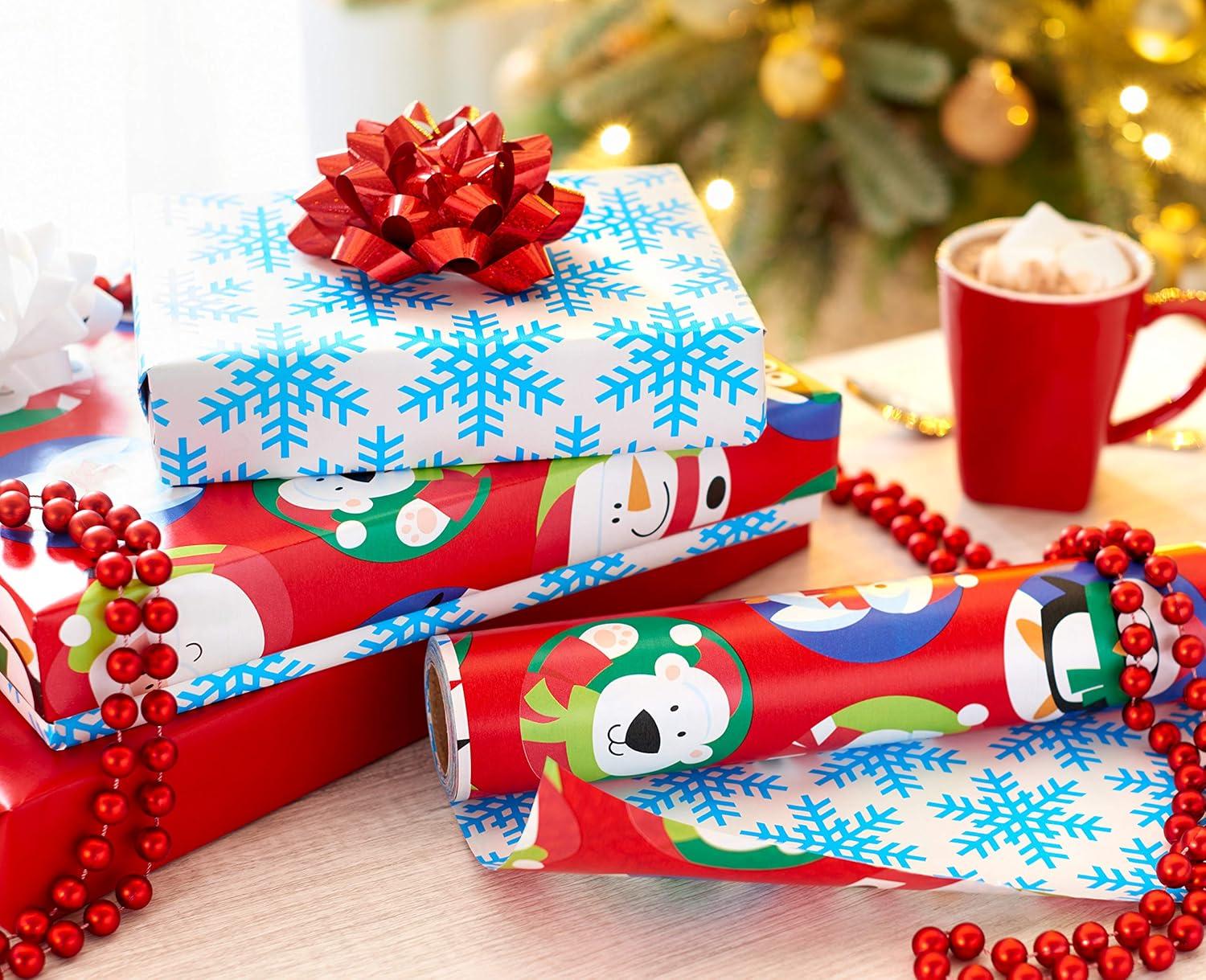 imageAmerican Greetings Jumbo Kids Christmas Reversible Wrapping Paper Roll Red and Blue Holiday Gift Wrap 175 sq ft 1 Extra Large Roll30 in x 70 ft Penguins Polar Bears Santa SnowflakesSanta and Snowflakes