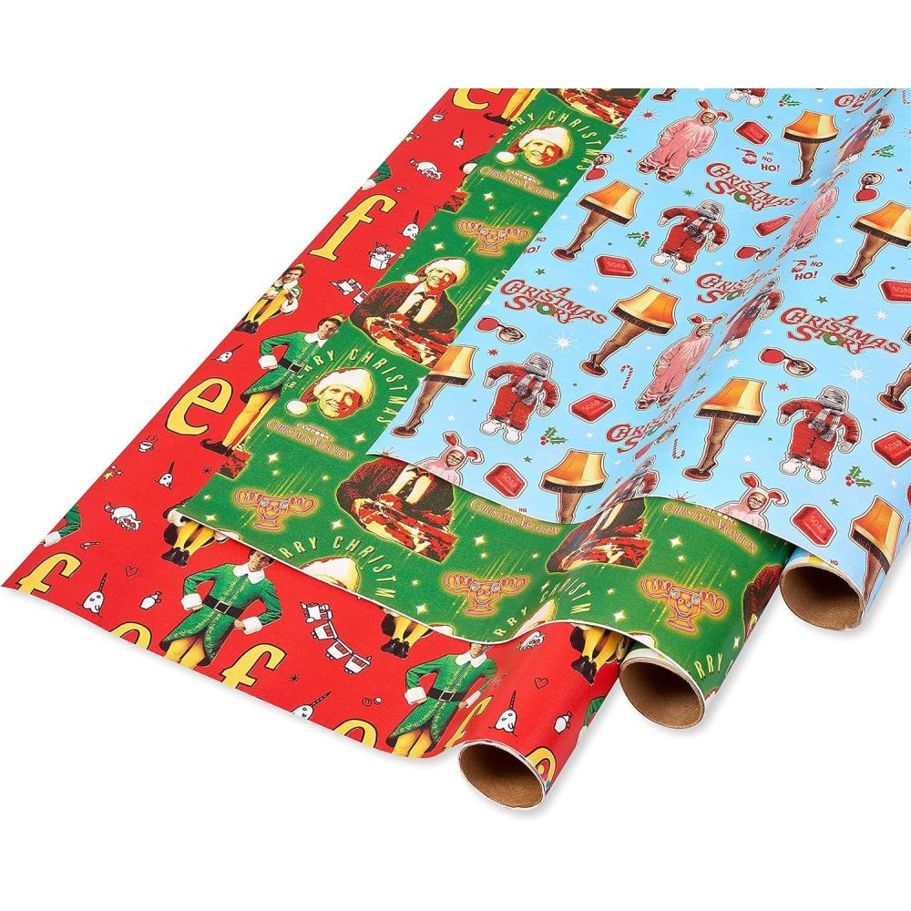 imageAmerican Greetings Christmas Wrapping Paper Rolls Classic Holiday Movie Themed Gift Wrap 105 sq ft 3 Rolls30 in x 14 ft Buddy the Elf Clark Griswold Ralphie and Leg Lamp