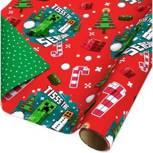 American Greetings Kids Christmas Wrapping Paper, Minecraft Wrapping Paper Christmas Roll, Red and Green Gift Wrap (1 Reversible Roll, 75 sq. ft.) Creeper, Snowman, Pixels, Gift Boxes(SR 30 75SQ PR FSC XM MINECRAFT)