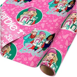 American Greetings Pink Christmas Wrapping Paper Roll for Kids, Barbie and Friends Holiday Gift Wrap (1 Reversible Roll, 75 sq. ft.) Barbie, Daisy, Brooklyn(SR 30 75SQ PR FSC XM BARBIE)
