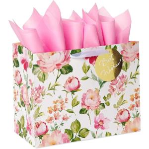 American Greetings 10″ Medium Gift Bag With Tissue Paper (Floral) For Weddings, Bridal Showers, Birthdays And All Occasions (1 Bag, 6-Sheets)(Floral)