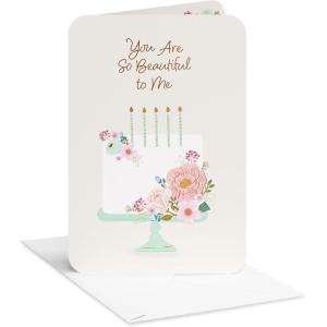 American Greetings Romantic Birthday Card (Right Place, Right Time)(Floral White Cake Mint Stand)