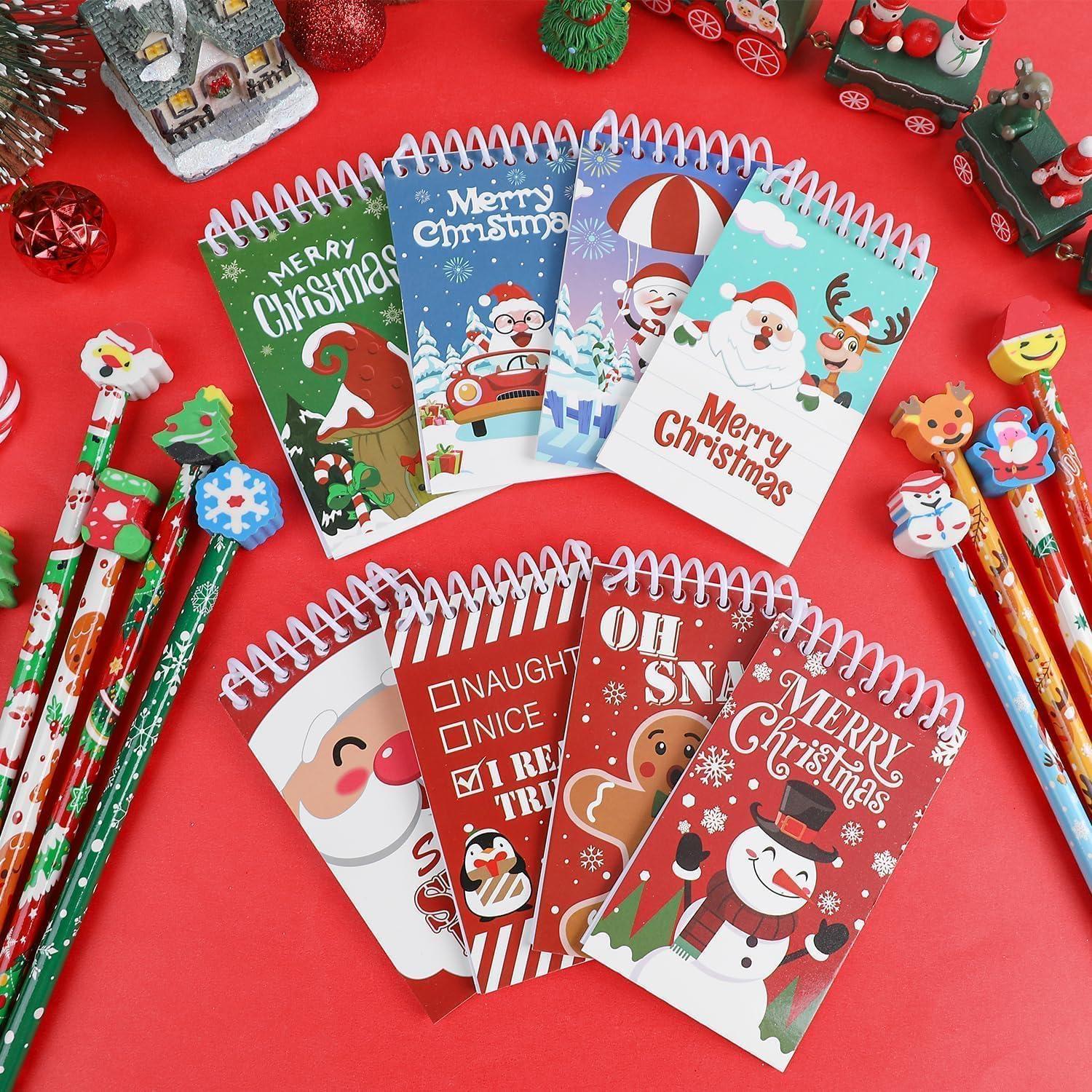 imageDERAYEE Kit de 32 Fournitures Scolaires Enfant Noel16PCS Crayons en Bois avec Gomme ampamp 16PCS Mini Blocsnotes Inclus