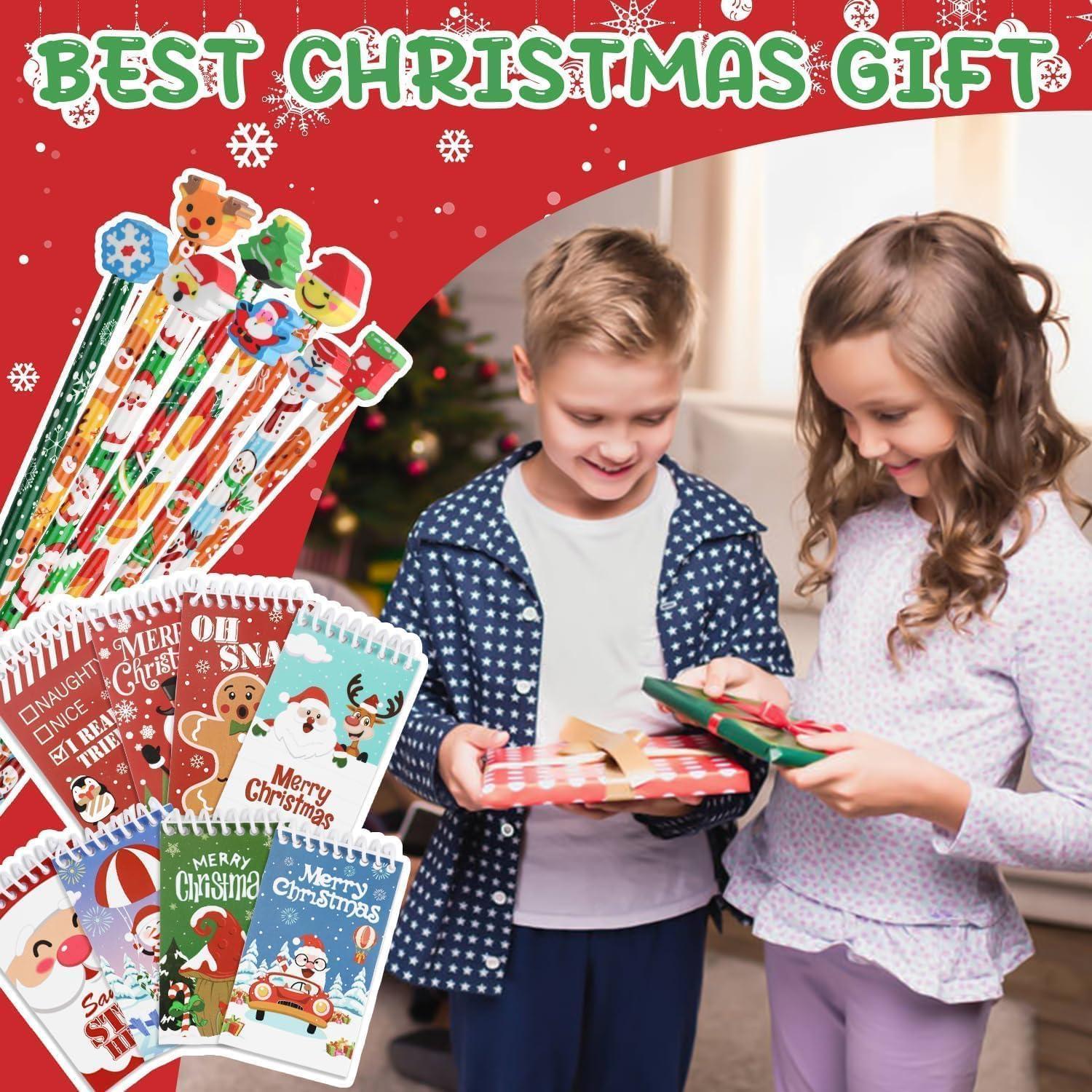 imageDERAYEE Kit de 32 Fournitures Scolaires Enfant Noel16PCS Crayons en Bois avec Gomme ampamp 16PCS Mini Blocsnotes Inclus