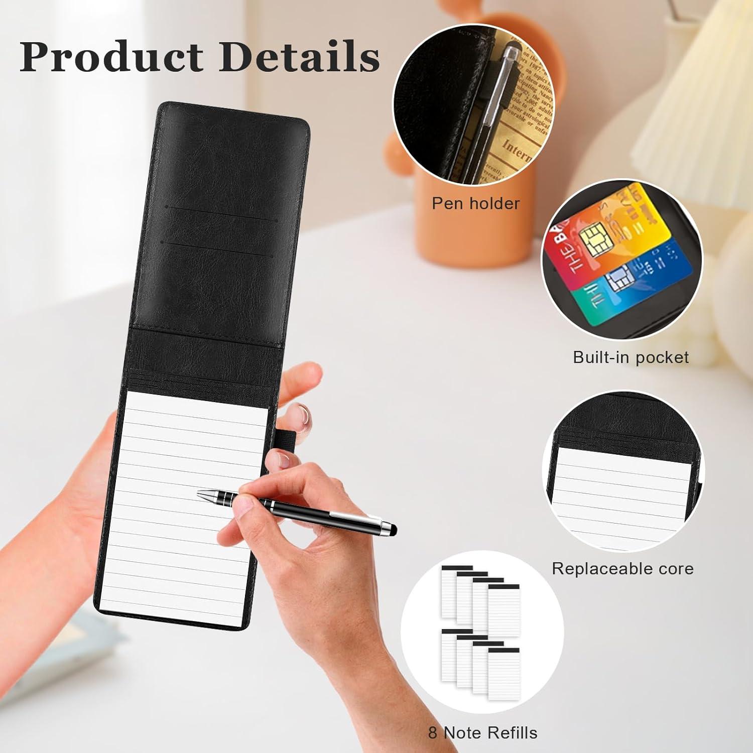 imageMini Bloc Note de Poche A7 Petit Carnet de Notes de Poche 15 Pices Mini Blocnotes A7 avec 8 Recharges Petit Carnet Cuir PU Noir avec Stylo Bille en Mtal pour cole Bureau Restaurantconforme limage